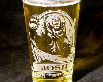 Personalized Grizzly Bear Glass, Christmas Present for Dad, Etched Glass Beer Glass