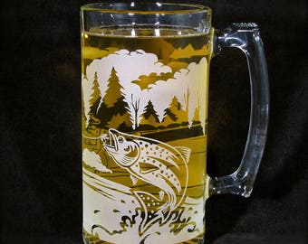 Etched Glass Beer Stein Fly Fisherman with Trout Father's Day Gift for Angler, Wedding Gift for Groomsmen