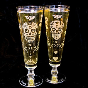 2 verres de mariage cannelés Day of the Dead, décoration de mariage personnalisée crâne en sucre