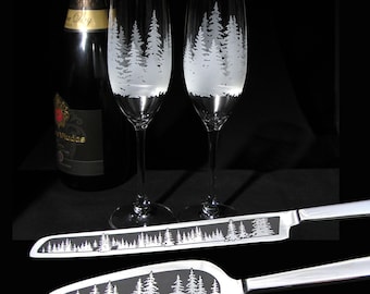 NEW Fir and Pine Forest Champagne Flute Cake Server Set Wedding Gift for Couple Woodsy Outdoor