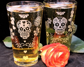 One Day of the Dead Pint Glass your choice of Calavera Sugar Skull, Etched Glass (1)