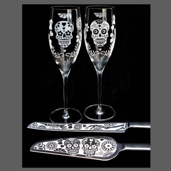 Dia De Los Muertos Wedding Cake Server Champagne Flute Set, Calavera Table Settings for Quince, Quinceanera