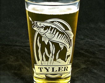 1 Personalized Bass Beer Glass Birthday Present for Fisherman Gift for Man, Fish Pint Glass