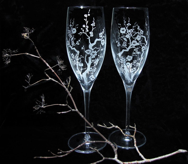 2 Cherry Blossom Champagne Flutes DC wedding, Quincenera Toasting Flutes, Present for Couple image 1