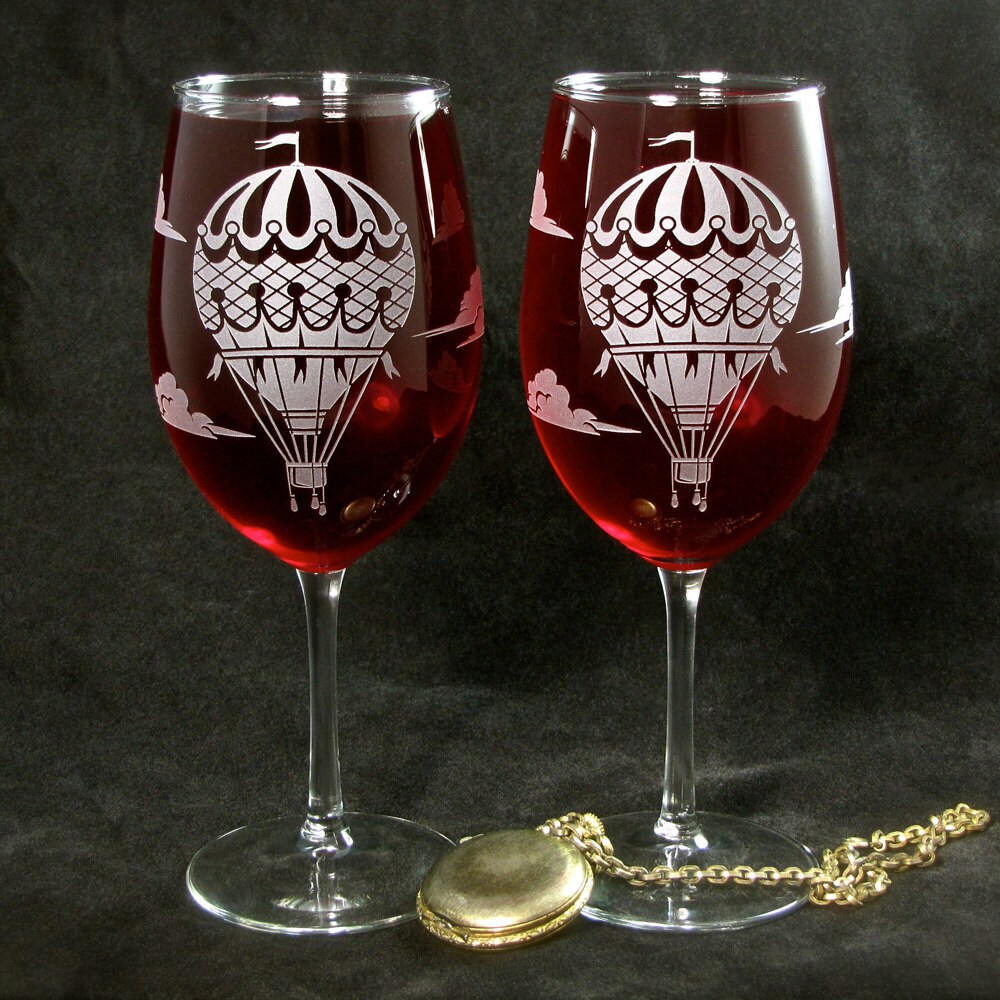 2 Hot Air Balloon Wine Glasses, Wedding Gift, Birthday Present for