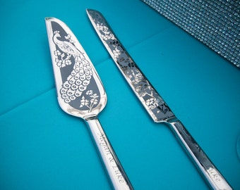 Peacock Wedding Cake Server and Knife, Personalized Table Settings for Wedding Cake