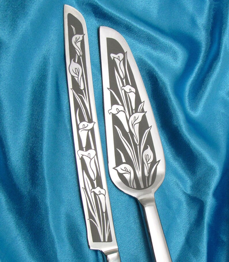 Calla Lily Wedding Cake Server /& Champagne Flute Set for Spring Floral Bouquet for Reception Decor