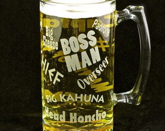 Boss Man Beer Mug Present for Boss, Husband, Dad, Unique Gift for Guys, Men, Bosses Day