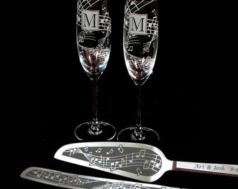 Music Theme Wedding Cake Server Champagne Flute Set,  Personalized Table Settings, Concert Themed Wedding