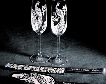 Personalized Peacock Wedding Cake Server, Champagne Flute Set