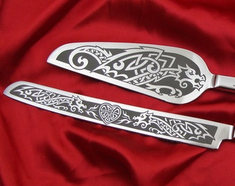 Celtic or Nordic Dragon Personalized Cake Server and Knife Set, Bespoke Viking Scottish Norse Wedding Decorations