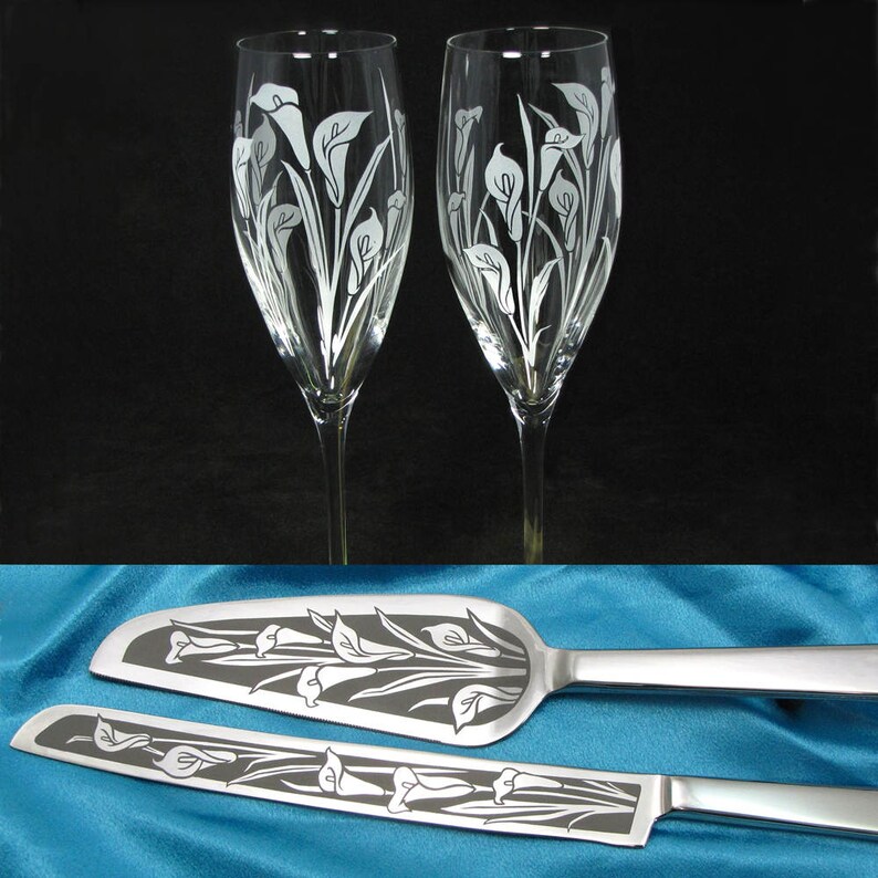 Calla Lily Wedding Cake Server /& Champagne Flute Set for Spring Floral Bouquet for Reception Decor