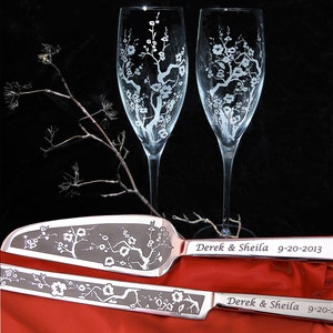 Cherry Blossom Champagne Flutes Wedding Cake Server Set Asian Wedding Flutes Decoration