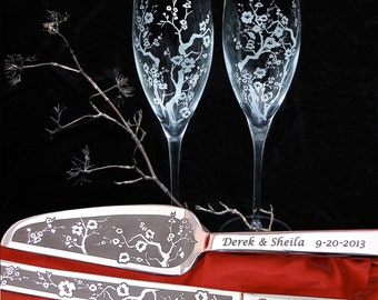 Cherry Blossom Champagne Flutes Wedding Cake Server Set Asian Wedding Flutes Decoration