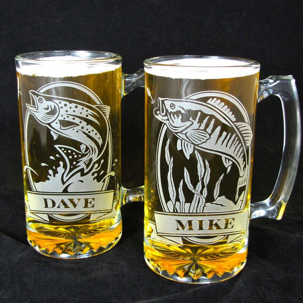 Personalized Northern Pike Muskie Beer Stein, Etched Glass Fish Gift for Men,  Fisherman / Angler - Brad Goodell Weddings