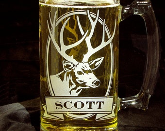 Personalized Beer Stein With Mule Deer, Groomsman Gift, Rustic Gift for Dad, Outdoorsman