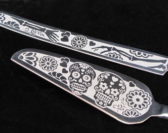 Day of the Dead Wedding Cake Server and Knife, Wedding Table Settings, Sugar Skull Calavera