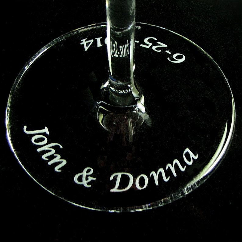 clear glass flute base with names and wedding date engraved