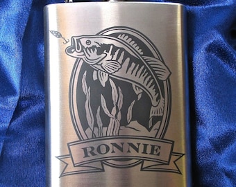 Personalized Hip Flask with Bass, Fisherman Gift for Groomsmen or Best Man