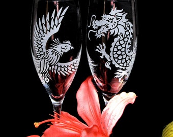 Phoenix and Dragon Toasting Flutes, Etched Glass Champagne Glasses, Chinese Wedding
