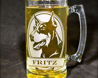 Personalized Doberman Beer Stein Engraved Gift for Dog Lover, Etched Glass Beer Mug, Doberman Pinscher, Fathers Day Gift