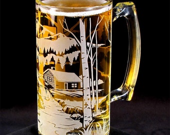 Beer Stein Etched Glass Bear by Mountain Cabin, Gift for Groomsman, Birthday Present for Man, Dad or Boyfriend