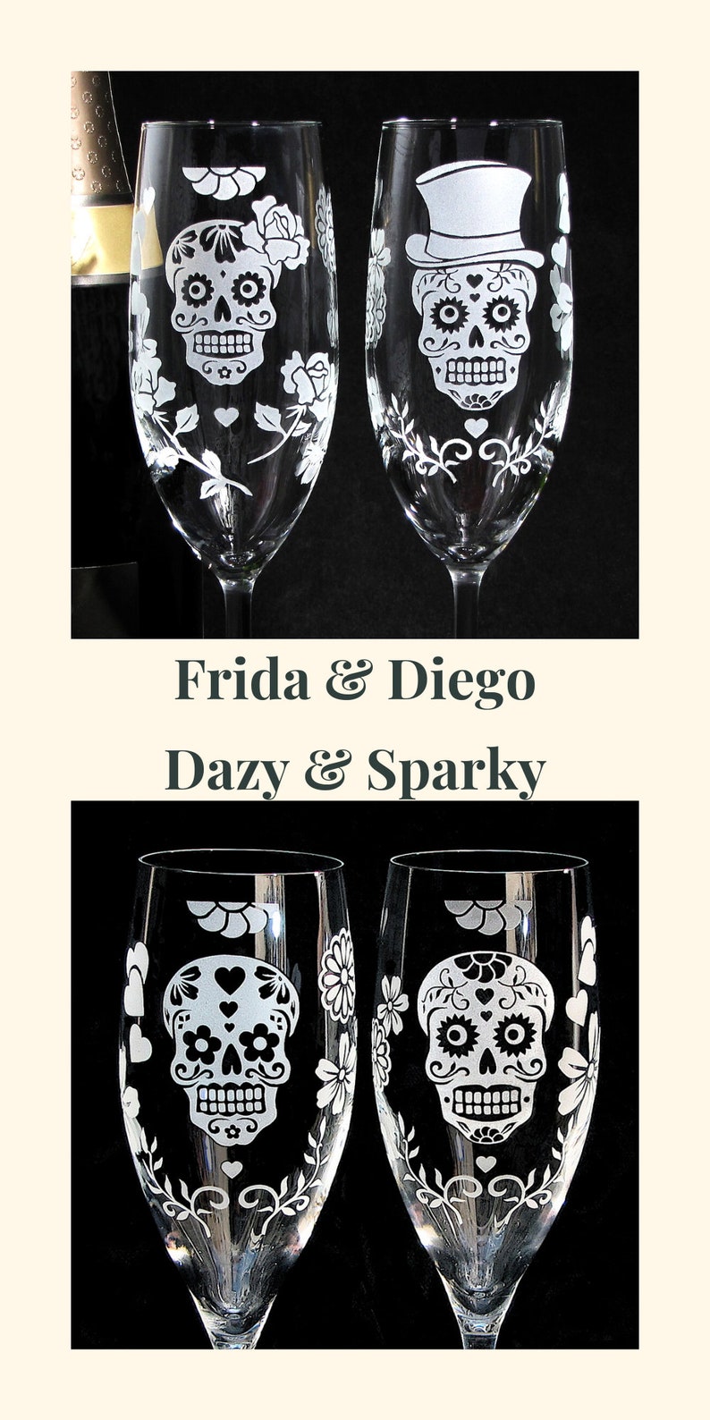 Two 2 Day of the Dead Wedding Toasting Flutes Sugar Skull Wedding Decor Champagne Glasses image 2