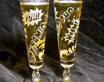 2 Personalized Etched Glass Wedding Glasses, Comic Book Wedding Flutes Beer Glasses