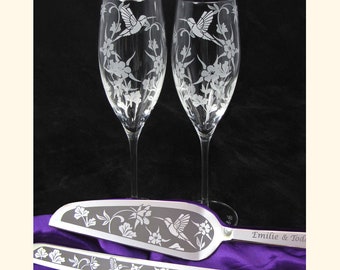 Hummingbird Columbine Wedding Cake Server Champagne Flute Set, Reception Decor for Summer Wildflower Wedding