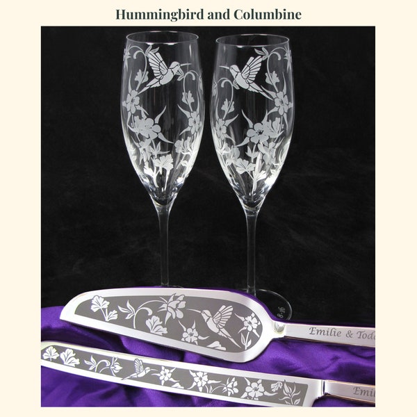 Hummingbird Columbine Wedding Cake Server Champagne Flute Set, Reception Decor for Summer Wildflower Wedding