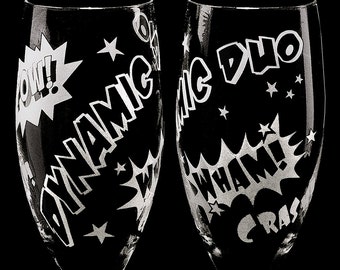 2 Personalized Comic Book Wedding Champagne Flutes Gift for Couple
