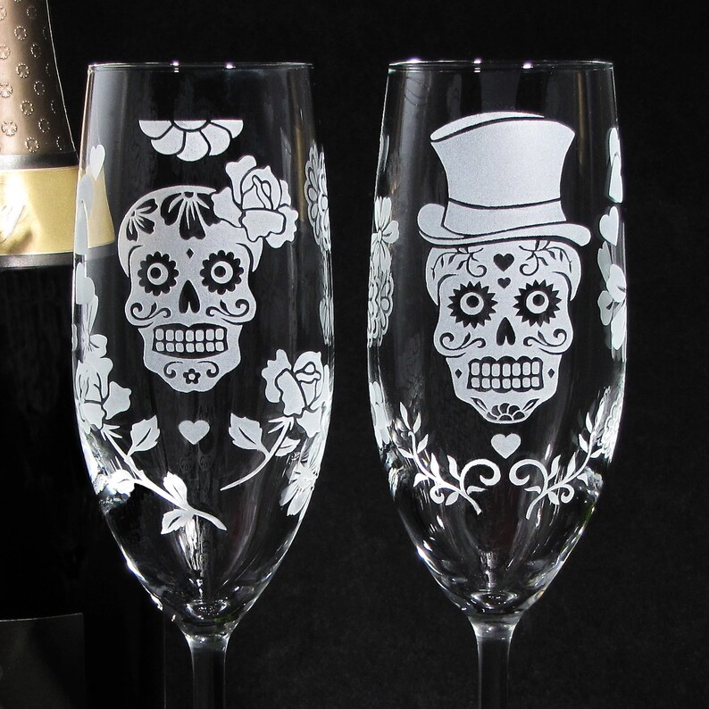 Two 2 Day of the Dead Wedding Toasting Flutes Sugar Skull Wedding Decor Champagne Glasses image 5
