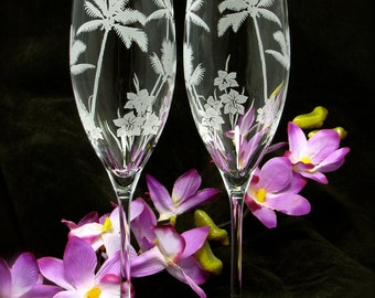 2 Tropical Beach Wedding Champagne Flutes Palm Tree Wedding Decor