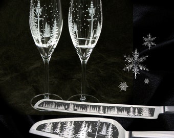 NEW Winter Wedding Champagne Flute Cake Server Set with Light Pole and Snowflakes Wedding Gift for Couple