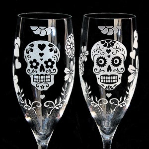 Two 2 Day of the Dead Wedding Toasting Flutes Sugar Skull Wedding Decor Champagne Glasses image 4