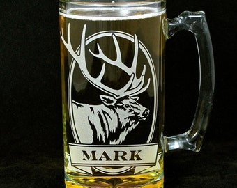 1 Personalized Elk Beer Stein Groomsman Gift for Man, Etched Glass Engraved Gift