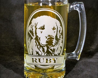 Personalized Golden Retriever Beer Stein, Engraved Gift for Dog Lover, Etched Glass Beer Mug