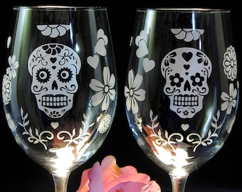 2 Day of the Dead Wedding Wine Glasses  Dia De Los Muertos Sugar Skull Calavera Wedding Glasses