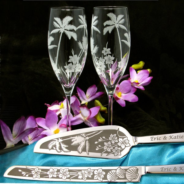 Beach Wedding Set of Toasting Flutes Wedding Cake Server and Knife, Personalized Wedding Present for Couple
