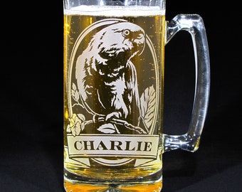 Personalized Parrot Beer Stein Engraved Gift for Bird Lover, Etched Glass Beer Mug