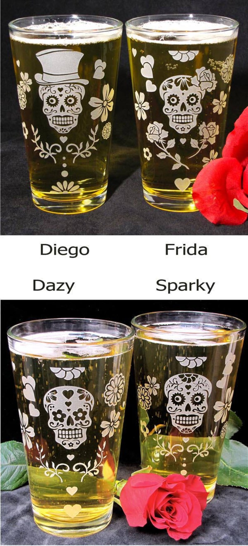 Sugar Skull Tumbler Glass Gift for Couple Mother/'s Day Present Etched Glass Drinking Mixing Glass 2 Day of the Dead Pint Glasses