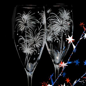 2 Fireworks Wedding Champagne Flutes 4th of July Wedding Personalized Toasting Glasses