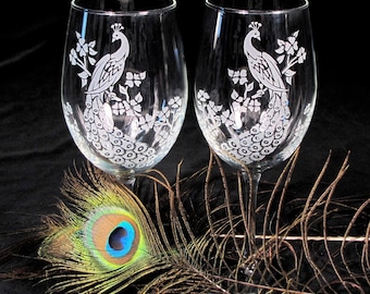 2 Etched Glass Peacock Wine Glasses, Peacock Wedding Decorations, Bride & Groom Gifts