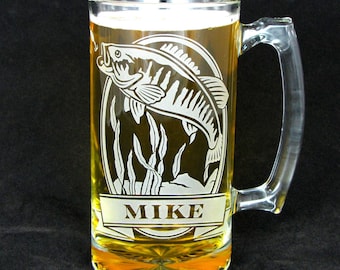 Personalized Fish Beer Stein with Bass Engraved Gift for Man, Outdoorsman, or Angler, Christmas Present for Dad