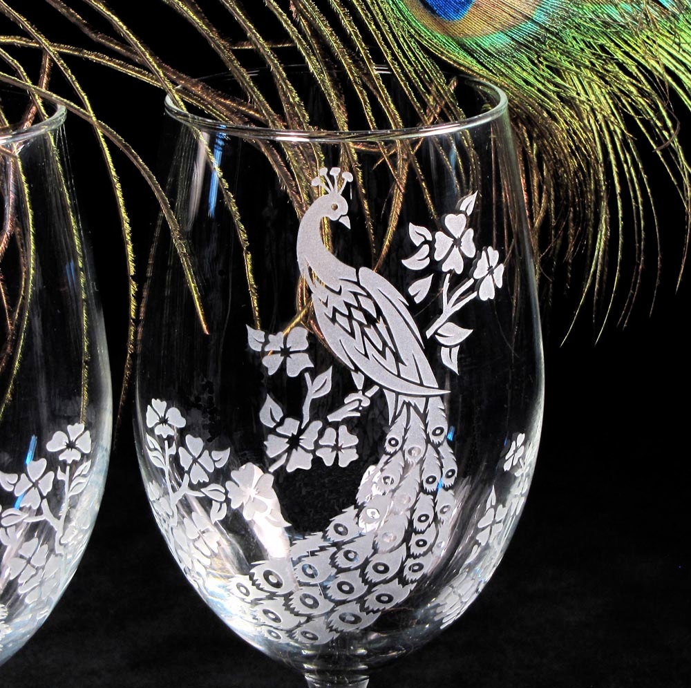 2 Etched Glass Peacock Wine Glasses, Peacock Wedding Decorations, Bride &  Groom Gifts 