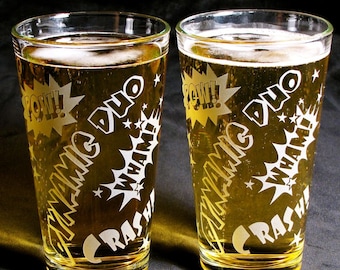 2 Comic Book Superhero Beer Glasses, Etched Glass Gift for Bride & Groom, Couple, Wedding Party