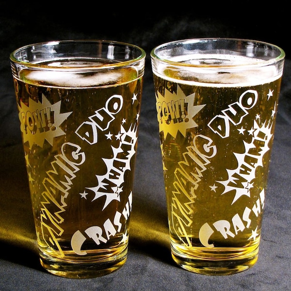 2 Comic Book Superhero Beer Glasses, Etched Glass Gift for Bride & Groom, Couple, Wedding Party