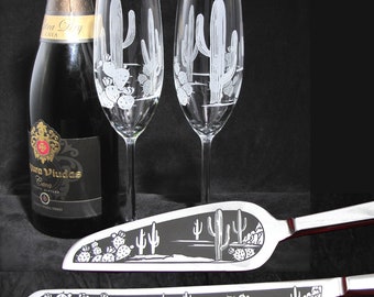 Saguaro Cactus Champagne Flute Cake Server Set, Western Desert Wedding Gift for Couple, Mojave