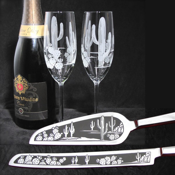 Saguaro Cactus Champagne Flute Cake Server Set, Western Desert Wedding Gift for Couple, Mojave