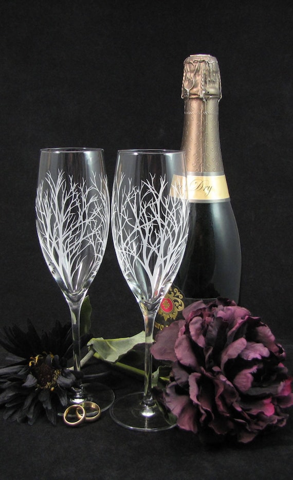 2 Winter Tree Branches Champagne Flutes Engraved Gift for